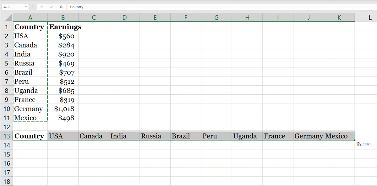 how to copy and transpose in excel